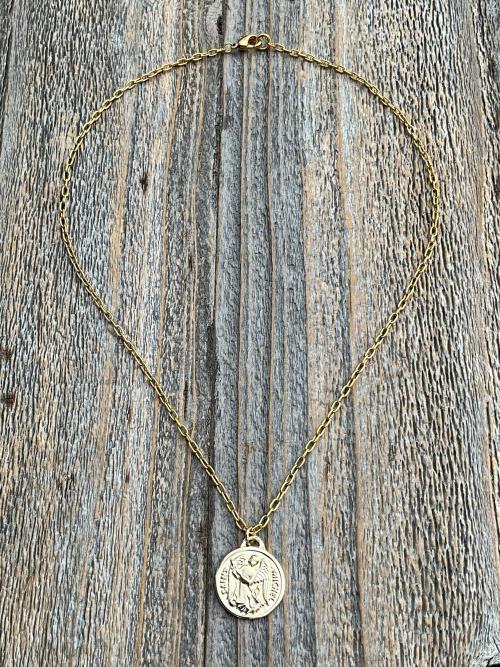 Gold St Michael Medallion Necklace, Antique Replica French Saint Michael the Archangel Pendant, Saint Michel from France, By PCH Chambault