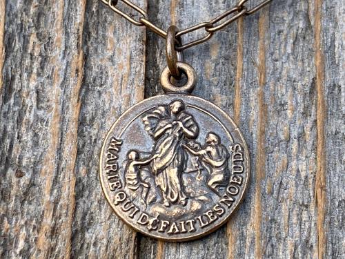 Bronze Our Lady Untier of Knots Medallion on Necklace, Antique Replica of French Our Lady Undoer of Knots Marian Devotion Pendant