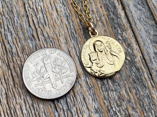Fertility Saint Colette of Corbie Small Gold Antique Replica Medal and Necklace, By French Artists Penin & Karo, 2-sided Medallion Charm