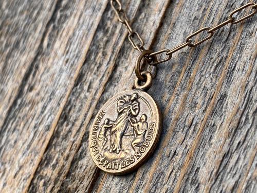 Bronze Our Lady Untier of Knots Medallion on Necklace, Antique Replica of French Our Lady Undoer of Knots Marian Devotion Pendant