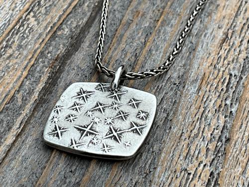 Sterling Silver Mother Mary and Baby Jesus Medallion Necklace, Antique Replica French Artist Elie Pellegrin Smaller Medal with Fleur de Lis