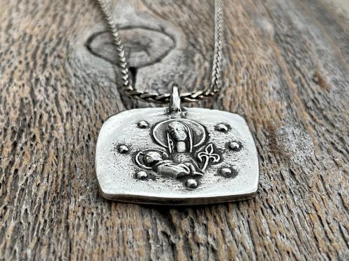 Sterling Silver Mother Mary and Baby Jesus Medallion Necklace, Antique Replica French Artist Elie Pellegrin Smaller Medal with Fleur de Lis