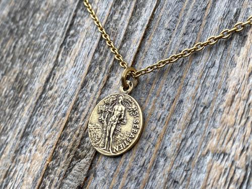Antiqued Gold Saint Sebastian Medal Necklace, Patron Saint Athletes Soldiers, Antique Replica of Rare French St Sebastien Medallion Pendant