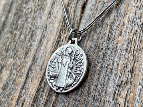 Sterling Silver Large French St Benedict Medal Pendant Necklace, Antique Replica of Artist JB Medallion, Big Holy Father Saint Benedicti