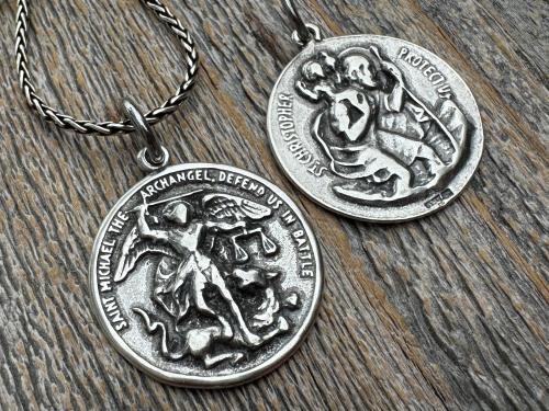 Large Sterling Silver St Michael Medal, Reverses to St Christopher, Antique Replica Medallion, Antiqued Saint Michael the Archangel Pendant