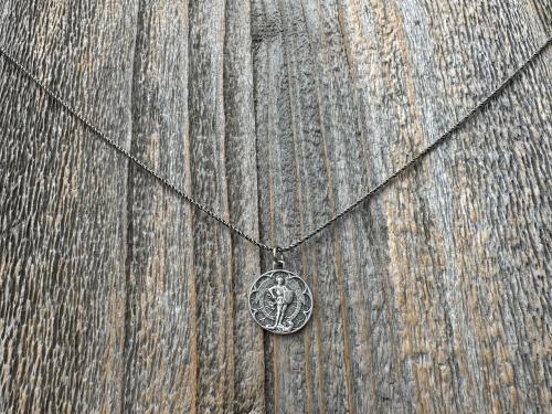 Small Antiqued or Shiny Sterling Silver St Michael Medal, Antique Replica of Rare French Medallion, Saint Michael the Archangel Pendant