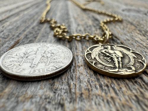 Small Antiqued or Shiny Gold Bronze St Michael Medal, Antique Replica of Rare French Medallion, Smaller Saint Michael the Archangel Pendant