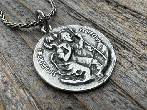 Large Sterling Silver St Michael Medal, Reverses to St Christopher, Antique Replica Medallion, Antiqued Saint Michael the Archangel Pendant