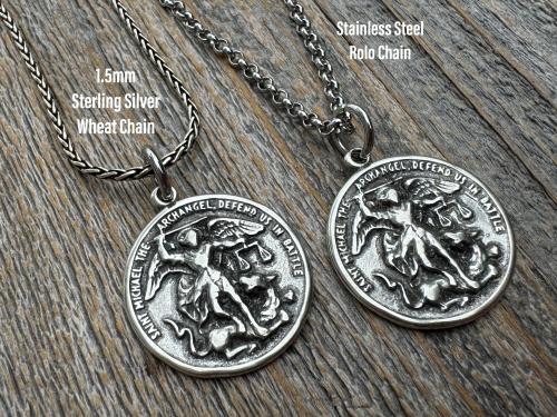 Large Sterling Silver St Michael Medal, Reverses to St Christopher, Antique Replica Medallion, Antiqued Saint Michael the Archangel Pendant