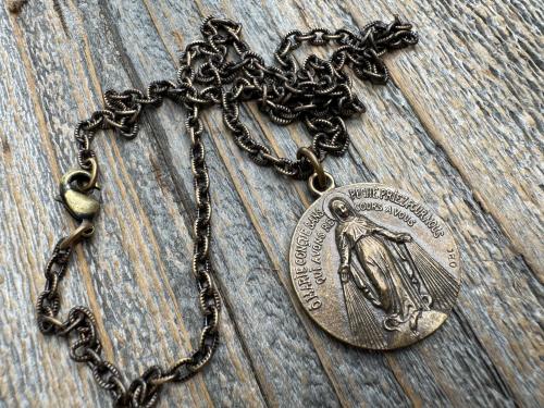 Bronze Large French Miraculous Medal, Antique Replica, Big Round Miraculous Medal, Bronze Miraculous Pendant Necklace, by OBC, from France