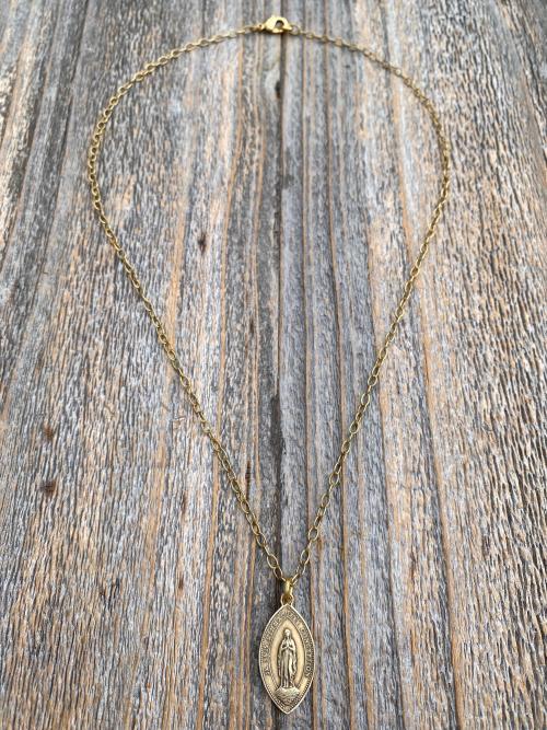 Antique Gold Immaculate Conception & Sacred Heart of Jesus French Antique Replica Medallion, Our Lady of Lourdes, Signed Penin Lyon France