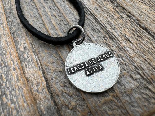 Antiqued Gold or Pewter Saint Teresa of Avila Pendant, Handmade Replica of Antique Medallion from Spain, St. Teresa of Ávila Round Medal