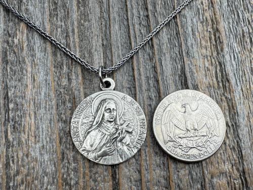 Sterling Silver Rare St Thérèse of Lisieux Medal Necklace, French Antique Replica Sancta Teresia St Theresa of the Child Jesus Little Flower