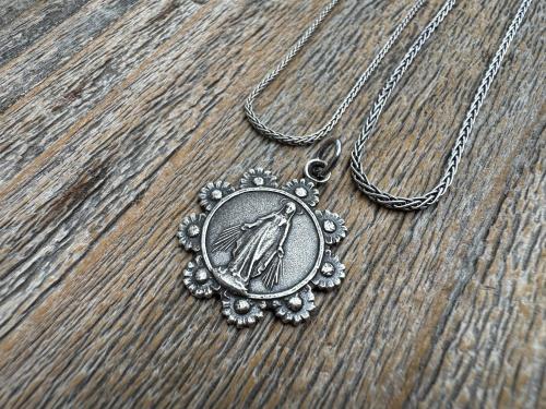 Sterling Silver Our Lady of the Rosary Antique Replica Pendant and Necklace, Notre-Dame-Du-Cap Medal, Our Lady of the Cape Shrine Notre Dame