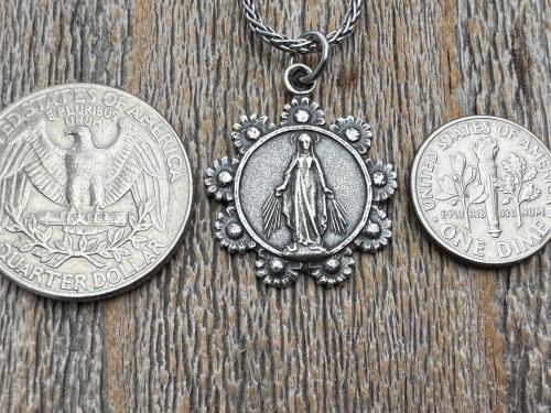 Sterling Silver Our Lady of the Rosary Antique Replica Pendant and Necklace, Notre-Dame-Du-Cap Medal, Our Lady of the Cape Shrine Notre Dame