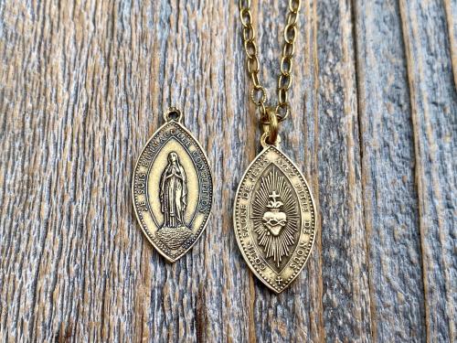 Antique Gold Immaculate Conception & Sacred Heart of Jesus French Antique Replica Medallion, Our Lady of Lourdes, Signed Penin Lyon France