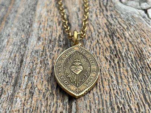 Antique Gold Immaculate Conception & Sacred Heart of Jesus French Antique Replica Medallion, Our Lady of Lourdes, Signed Penin Lyon France