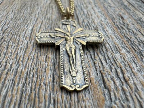 Antiqued Gold Radiant Crucifix Cross, Pendant Necklace, Antique Replica Crucifix, Jesus with Extending Rays, Our Lord Jesus Christ Medallion