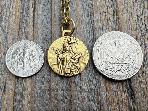 Antiqued Gold or Pewter Saint Teresa of Avila Pendant, Handmade Replica of Antique Medallion from Spain, St. Teresa of Ávila Round Medal