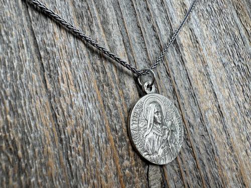 Sterling Silver Rare St Thérèse of Lisieux Medal Necklace, French Antique Replica Sancta Teresia St Theresa of the Child Jesus Little Flower