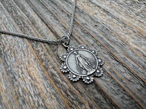 Sterling Silver Our Lady of the Rosary Antique Replica Pendant and Necklace, Notre-Dame-Du-Cap Medal, Our Lady of the Cape Shrine Notre Dame