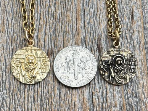 St Paraskeva (St. Paraskeve) Medallion in Antiqued Gold or Shiny Gold Bronze, Small Round Antique Replica, Orthodox Saint Paraskevi Pendant