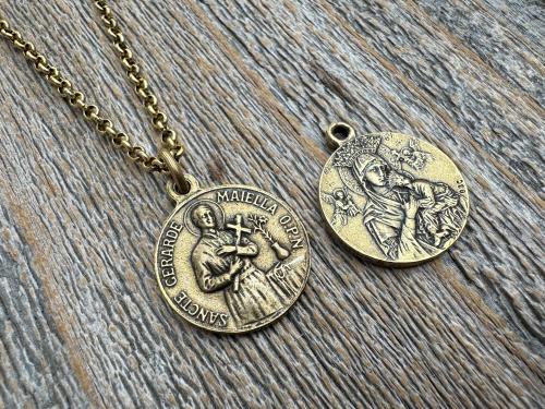 Antique Gold Saint Gerard Majella & Our Lady of Perpetual Help Pendant Necklace, Antique Replica Medal, Saint of Expectant Mothers Fertility