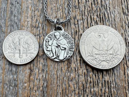St. Peregrine Sterling Silver Antique Replica Medallion - Patron Saint of Cancer - Saint Peregrinus Laziosi, Pellegrino - Small French Medal