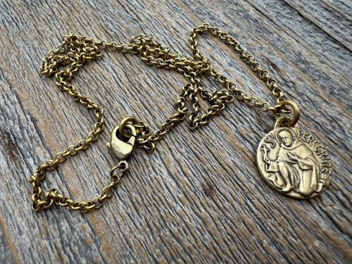 Antique Gold St. Peregrine Medallion - Antique Replica of Small French Medal - Patron Saint of Cancer - Saint Peregrinus Laziosi, Pellegrino