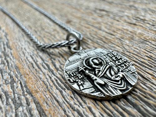 Sterling Silver St Paraskeva (St. Paraskeve) Medallion, Small Round Antique Replica, Orthodox Saint Paraskevi Pendant