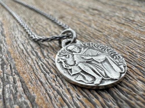 St. Peregrine Sterling Silver Antique Replica Medallion - Patron Saint of Cancer - Saint Peregrinus Laziosi, Pellegrino - Small French Medal