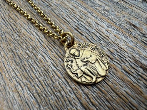 Antique Gold St. Peregrine Medallion - Antique Replica of Small French Medal - Patron Saint of Cancer - Saint Peregrinus Laziosi, Pellegrino