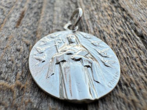 Fertility Saint Colette of Corbie Shiny Sterling Silver Medallion Pendant, Antique Replica French Artist Tricard, Saint of Expectant Mothers