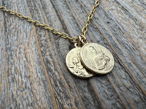 Gold St Gerard & St Colette Cluster Necklace, Patron Saints of Fertility and Expectant Mothers, Antique Replicas of French Medals Pendants