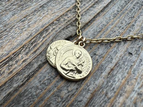 Gold St Gerard & St Colette Cluster Necklace, Patron Saints of Fertility and Expectant Mothers, Antique Replicas of French Medals Pendants
