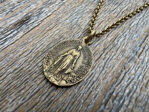 Antiqued Gold Oval French Miraculous Medal Pendant, Antique Replica of Rare Adolph Penin Signed Medallion from France, French Piece of Art