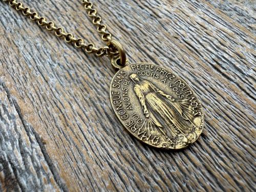 Antiqued Gold Oval French Miraculous Medal Pendant, Antique Replica of Rare Adolph Penin Signed Medallion from France, French Piece of Art