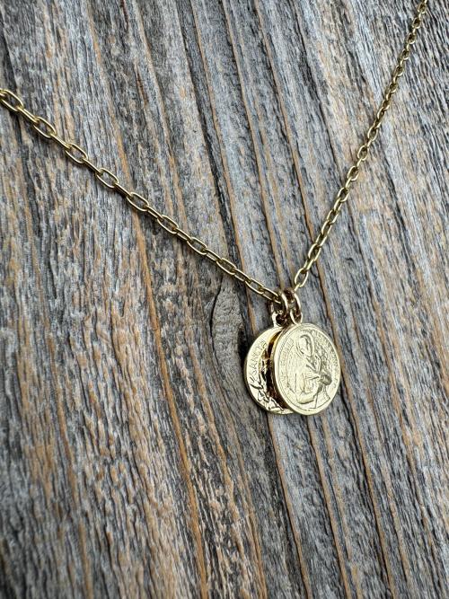Gold St Gerard & St Colette Cluster Necklace, Patron Saints of Fertility and Expectant Mothers, Antique Replicas of French Medals Pendants