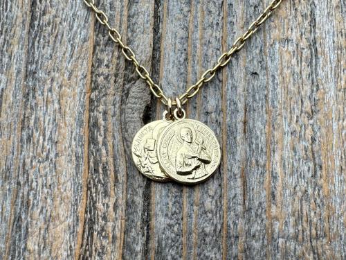 Gold St Gerard & St Colette Cluster Necklace, Patron Saints of Fertility and Expectant Mothers, Antique Replicas of French Medals Pendants