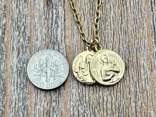 Gold St Gerard & St Colette Cluster Necklace, Patron Saints of Fertility and Expectant Mothers, Antique Replicas of French Medals Pendants