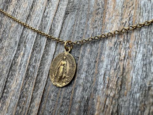Antiqued Gold Oval French Miraculous Medal Pendant, Antique Replica of Rare Adolph Penin Signed Medallion from France, French Piece of Art