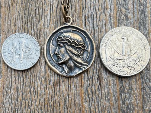 Bronze Jesus Christ Pendant Round Medallion, Our Lord with Crown of Thorns, French Antique Replica Medal, Artists Augis & Mazzoni France