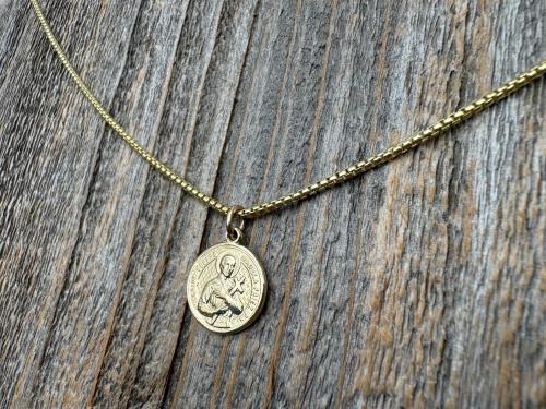 Gold St Gerard Majella Medal on Box Chain Necklace, French Antique Reproduction, Patron Saint of Expectant Mothers and Saint of Fertility