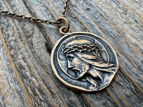 Bronze Jesus Christ Pendant Round Medallion, Our Lord with Crown of Thorns, French Antique Replica Medal, Artists Augis & Mazzoni France