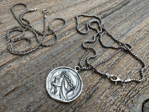Sterling Silver Jesus Christ Pendant Medallion, Our Lord with Crown of Thorns, French Antique Replica Medal, Artists Augis & Mazzoni France