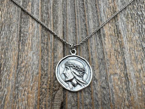 Sterling Silver Jesus Christ Pendant Medallion, Our Lord with Crown of Thorns, French Antique Replica Medal, Artists Augis & Mazzoni France