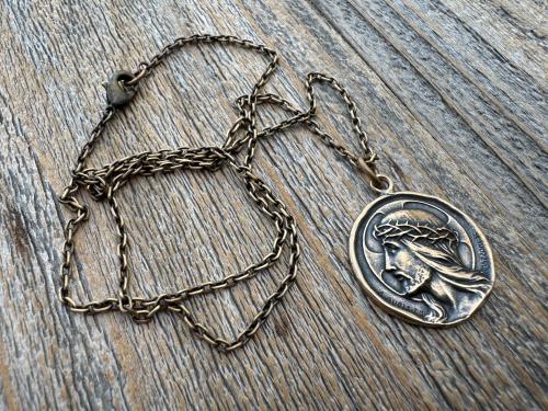 Bronze Jesus Christ Pendant Round Medallion, Our Lord with Crown of Thorns, French Antique Replica Medal, Artists Augis & Mazzoni France