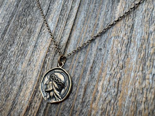 Bronze Jesus Christ Pendant Round Medallion, Our Lord with Crown of Thorns, French Antique Replica Medal, Artists Augis & Mazzoni France