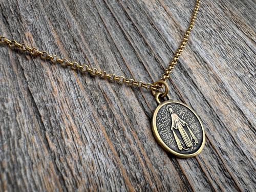 Antiqued Gold Round Miraculous Medal Pendant, Antique Replica of Rare JB & PCH Signed Circle Medallion, Artists Balme and Chambault Necklace