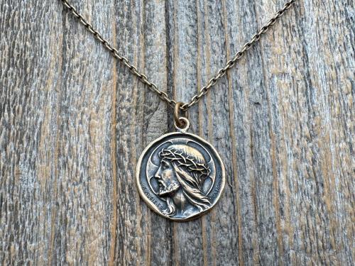 Bronze Jesus Christ Pendant Round Medallion, Our Lord with Crown of Thorns, French Antique Replica Medal, Artists Augis & Mazzoni France